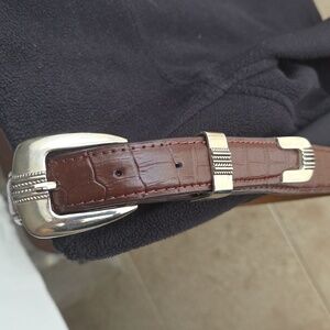 Genuine Crocodile Grain Brown Leather Belt with Silver Buckle